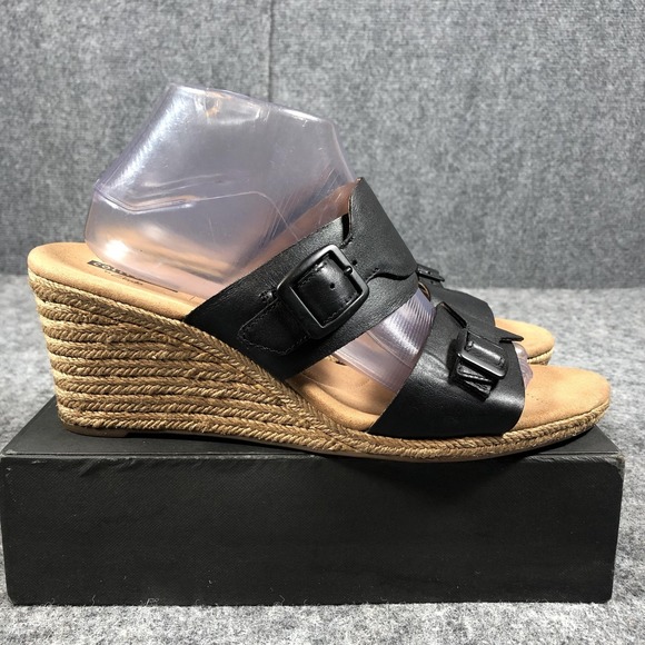 Clarks Sandals Womens 11M Black Leather Espadrille Wedge Buckle Comfort Shoes - Picture 6 of 16
